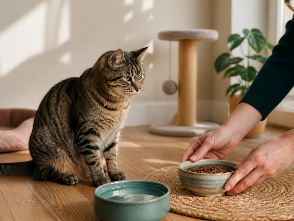 A calm cat receiving a home care visit