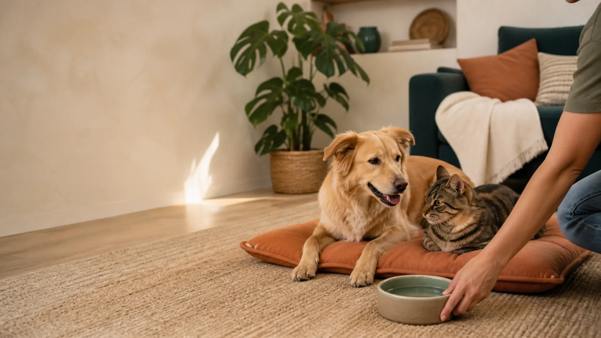 A dog and cat resting while a caregiver places fresh water nearby